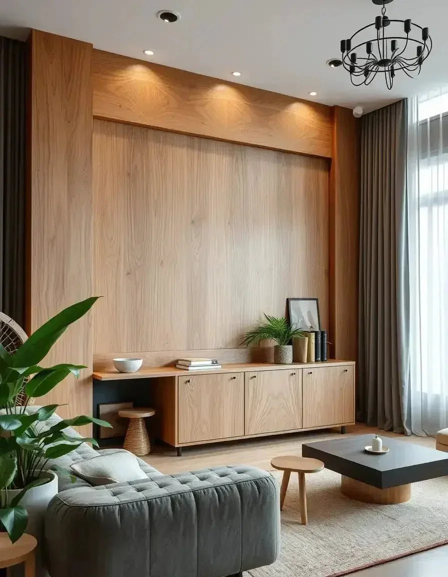 Modern living room with light teak wood TV unit and coffee table, minimalist style by Ferrowoods