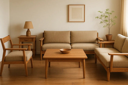 Sheesham wood living room set with beige cushions, modern minimalist style by Ferrowoods