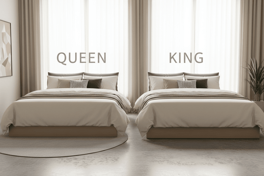 King and queen size solid wood beds in beige modern bedroom by Ferrowoods