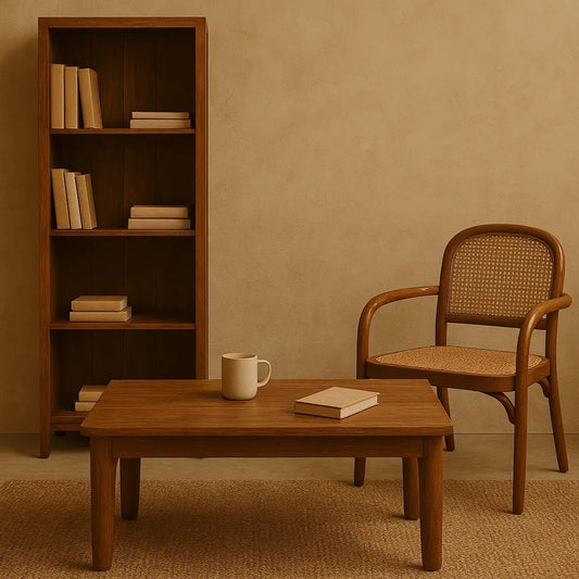 Ferrowoods solid wood minimalist coffee table, bookshelf, and cane chair in natural finish
