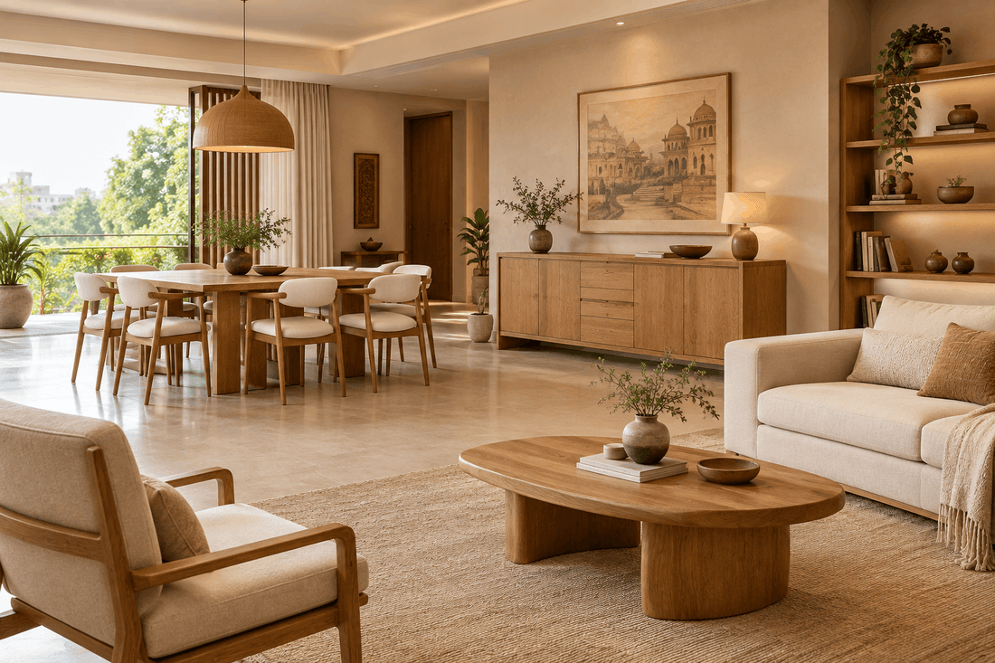 Premium oak wood dining and living room furniture in a modern Indian home