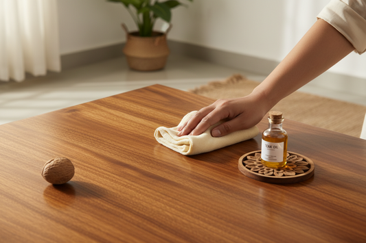 Sheesham wood furniture care — microfibre cloth, teak oil bottle and walnut on a solid Indian rosewood table
