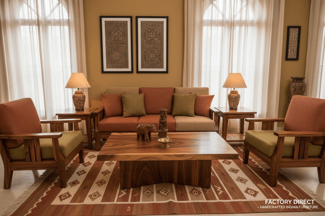 Solid Sheesham wood living room furniture set by Ferrowoods — factory direct, no middlemen, handcrafted Indian rosewood