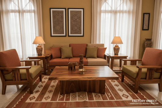 Solid Sheesham wood living room furniture set by Ferrowoods — factory direct, no middlemen, handcrafted Indian rosewood