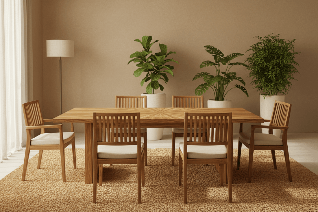 Premium teak wood dining table with chairs in a modern Indian home interior — Ferrowoods