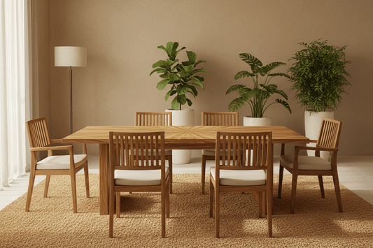 Premium teak wood dining table with chairs in a modern Indian home interior — Ferrowoods