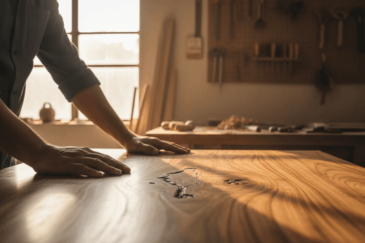 Craftsman's hands touching the natural grain of solid Sheesham wood in a warm workshop — Ferrowoods handcrafted furniture"