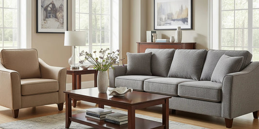 Ferrowoods solid wood coffee table in dark brown with modern grey sofa and beige armchair