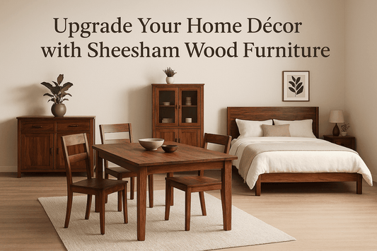 Modern bedroom with sheesham wood dining set, bed, and cabinets in warm brown by Ferrowoods