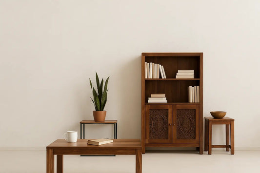 Solid wood coffee table, carved bookshelf, side tables in natural teak by Ferrowoods