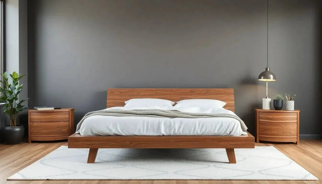Solid teak wood bed with matching bedside tables, modern design, warm finish by Ferrowoods