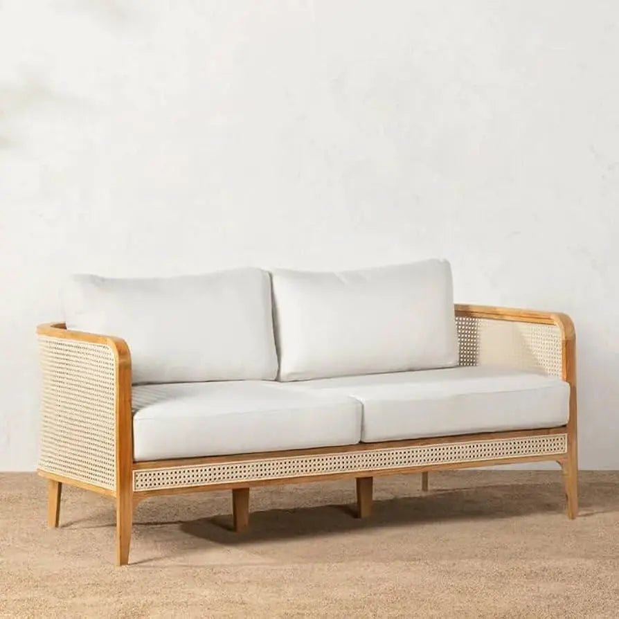 Solid wood rattan sofa with white cushions, natural finish, modern design by Ferrowoods