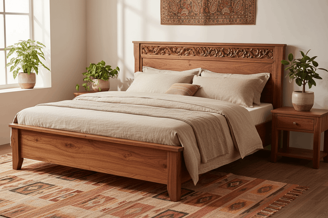 Premium solid wood bed with Sheesham wood headboard in a warmly lit Indian bedroom, styled with neutral linen bedding and indoor plants