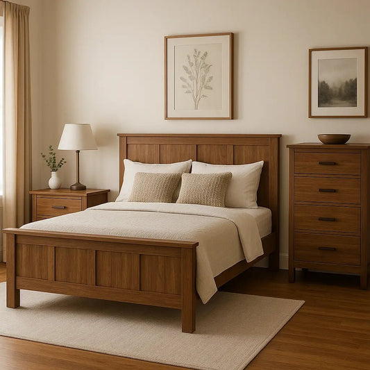Solid wood bed with matching nightstand and dresser in a modern bedroom, Ferrowoods furniture