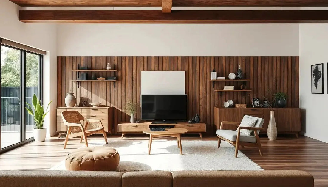 Modern living room with solid wood teak TV unit, armchairs, and coffee table by Ferrowoods.