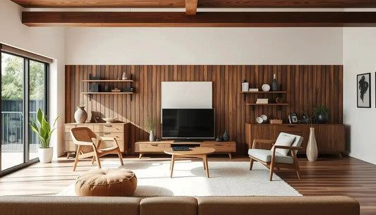 Modern living room with solid wood teak TV unit, armchairs, and coffee table by Ferrowoods.