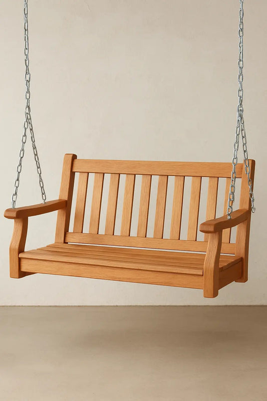 Solid wood swing bench in light brown finish with metal chains, handcrafted by Ferrowoods