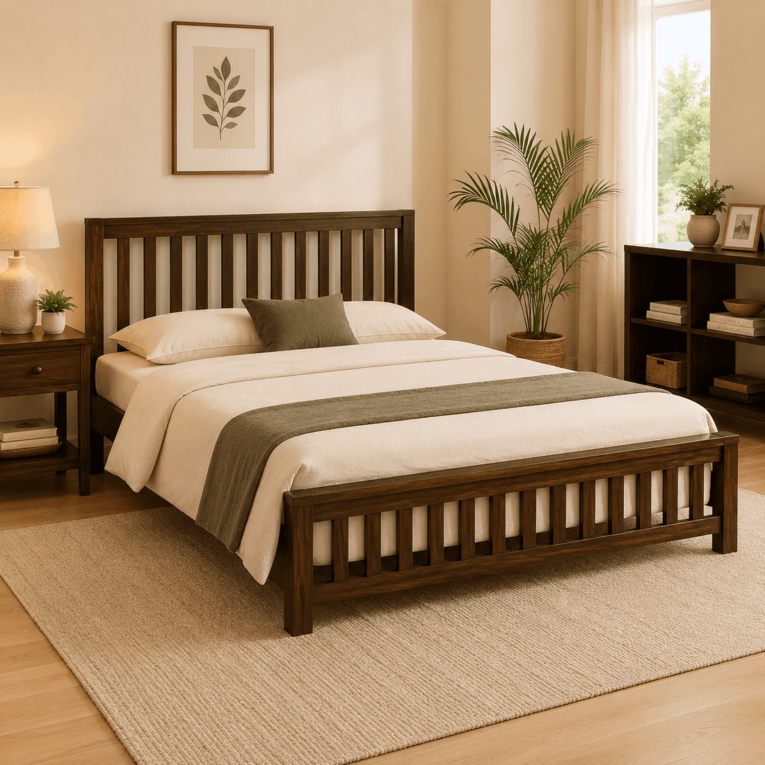 Solid wooden bed with classic design in a warm bedroom — Ferrowoods Storage vs Without Storage Bed Guide