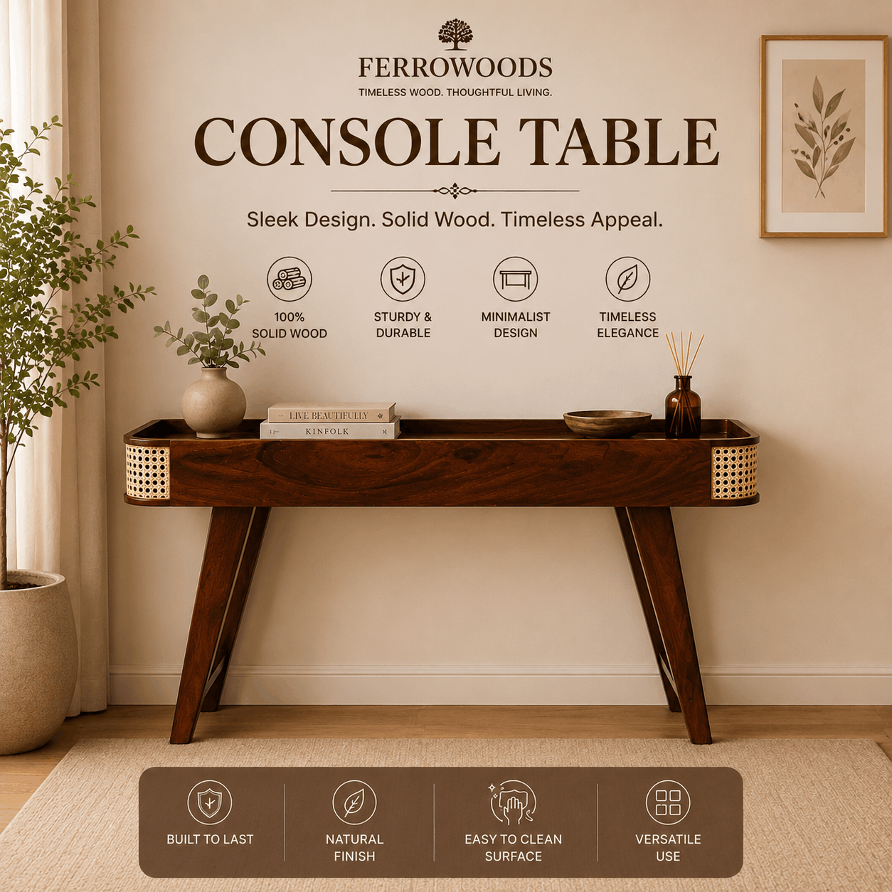 FERROWOODS handcrafted wooden console table with modern hallway furniture design for home interiors.