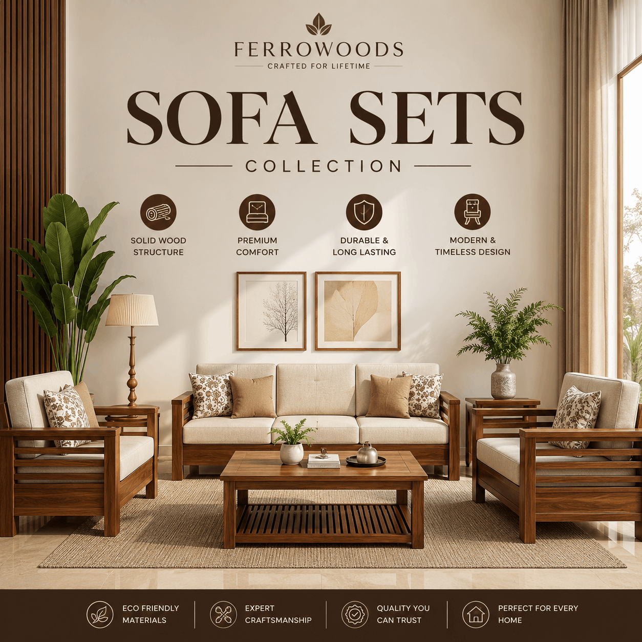 FERROWOODS wooden sofa sets collection with modern living room furniture and solid wood sofa design for home interiors.