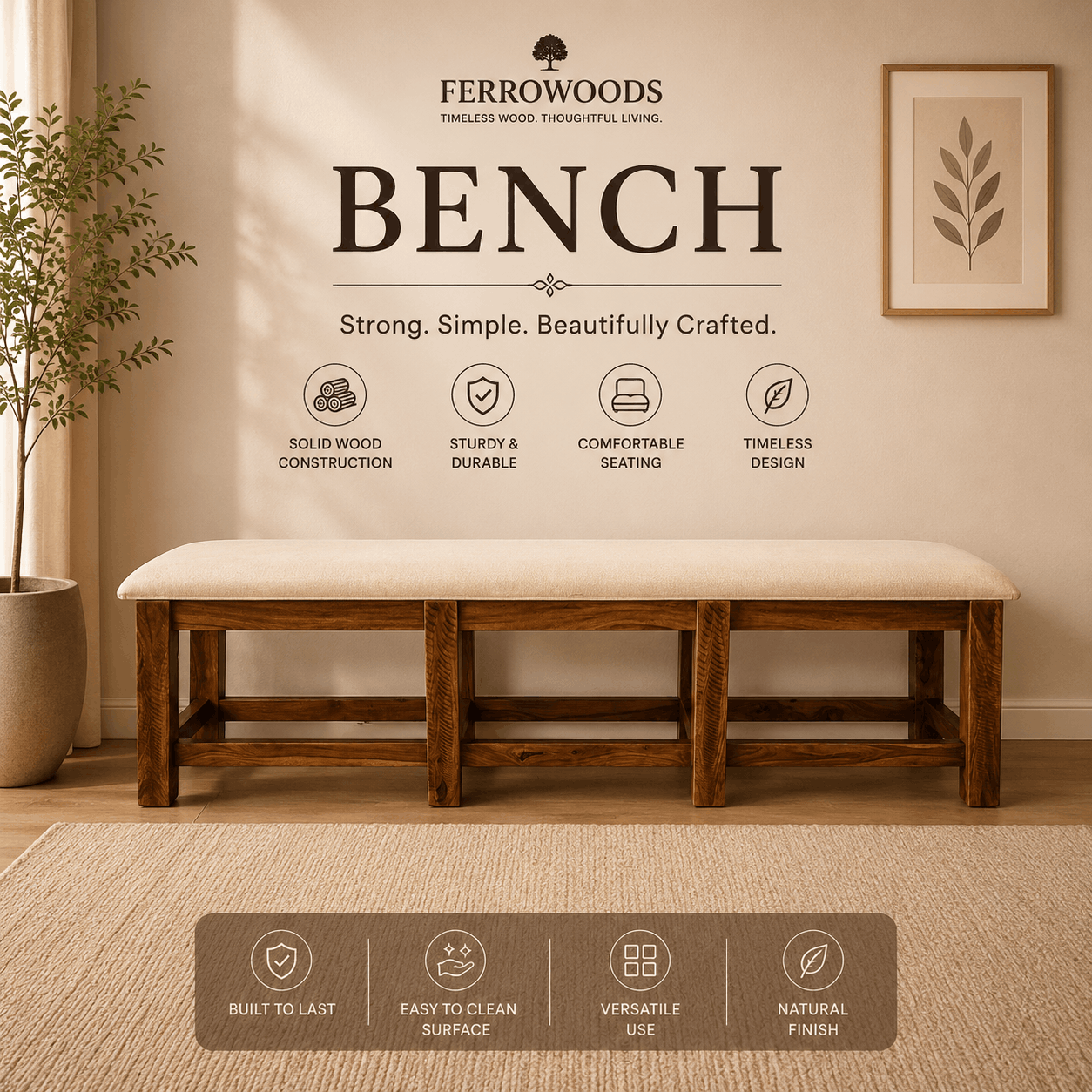 FERROWOODS handcrafted wooden bench with modern seating furniture design for living room and hallway interiors.
