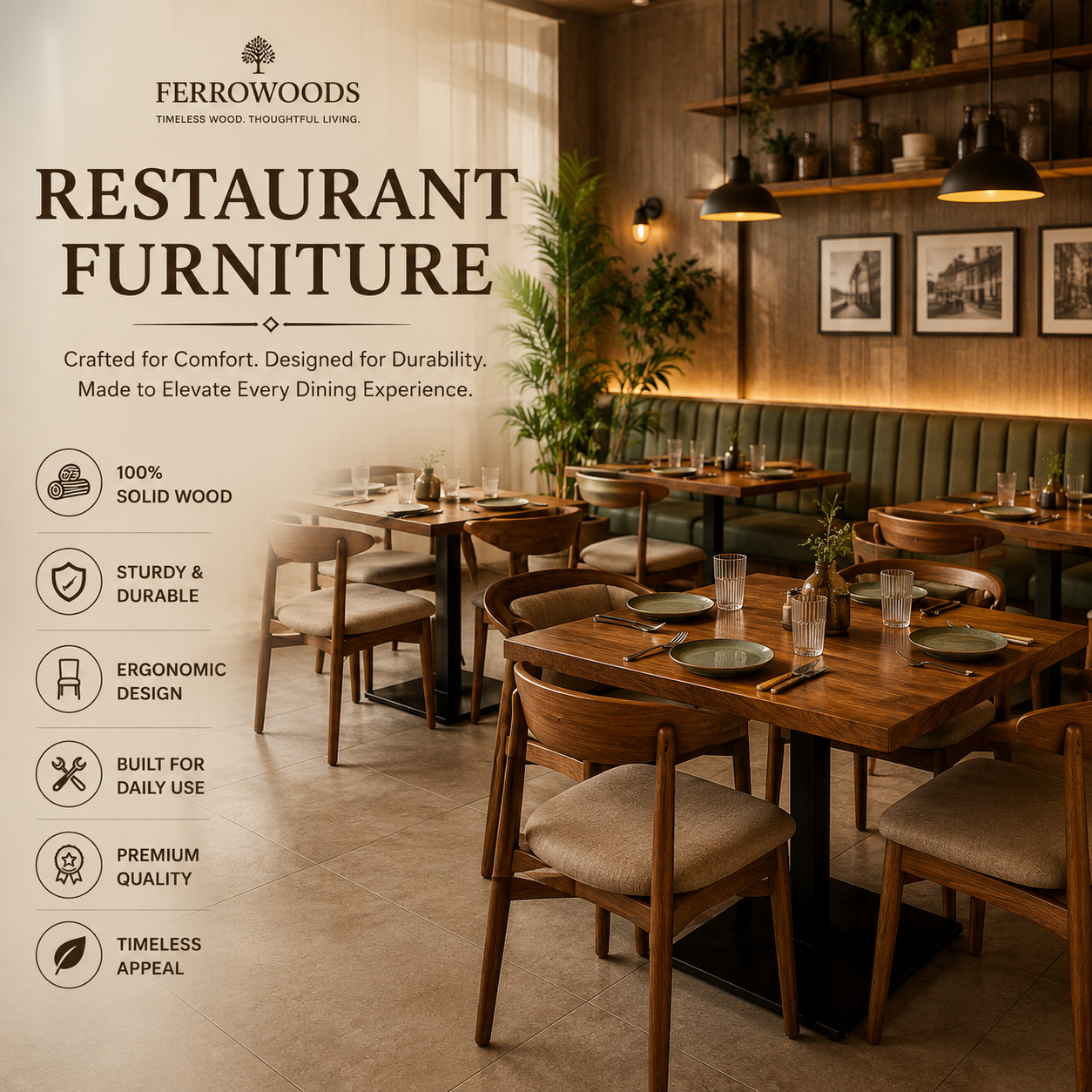 Wooden restaurant furniture for café and hotel spaces