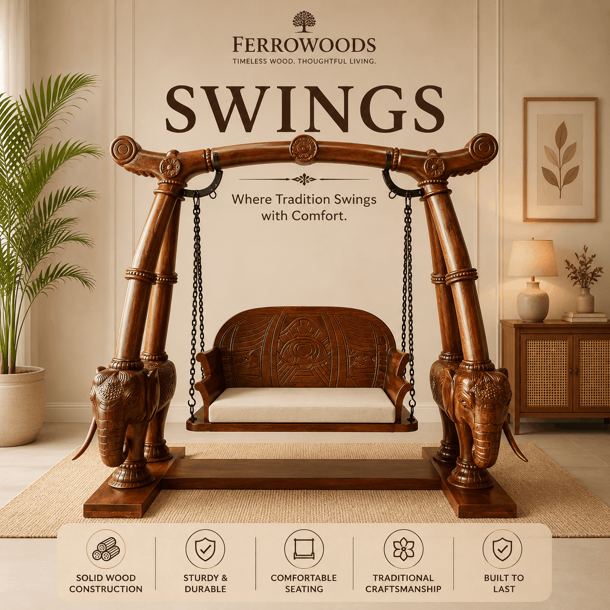 FERROWOODS Sheesham wood swing with handcrafted wooden jhula design for modern home interiors.