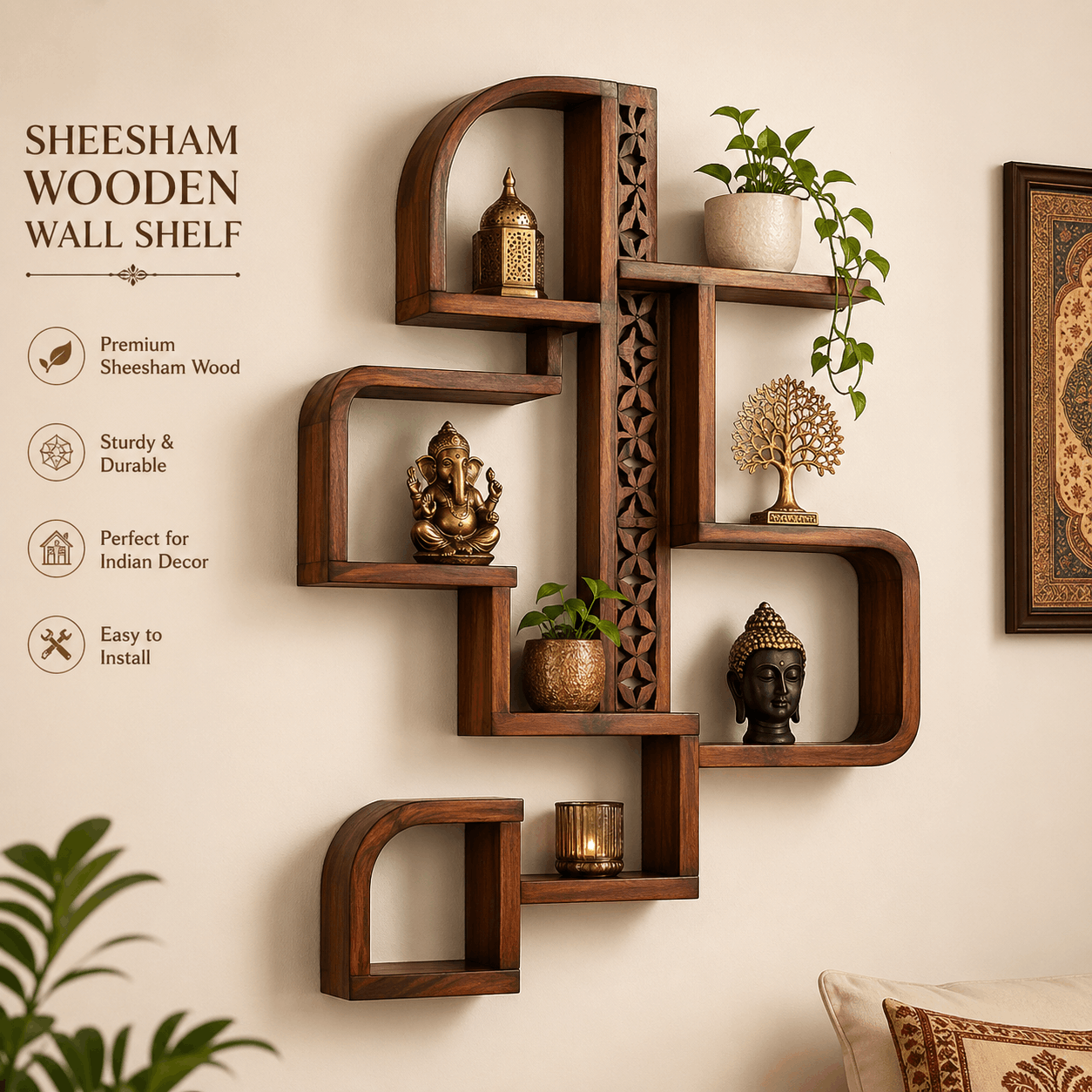 Sheesham wood wall shelf decorative wooden wall decor for living room