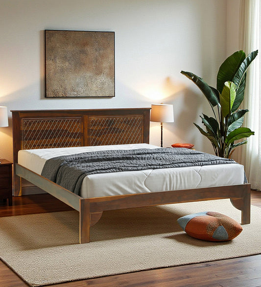 Serina Queen Size Bed in Provincial Teak Finish with Lattice Headboard - Ferrowoods