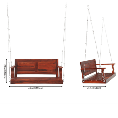 Sheesham wood porch swing with armrests in rich teak finish, 46 inch wide