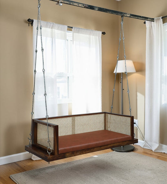 Modern Cane Sheesham Wood Swing Jhula with Cushioned Seat | Luxury Indoor Hanging Sofa