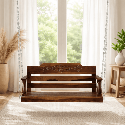 Handcrafted Sheesham Wood Indoor Swing Jhula with Floral Carving | Rustic Hanging Sofa for Living Room