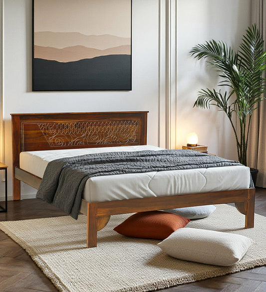 FERROWOODS Royal Artisan Sheesham Wood Queen Size Bed | Handcrafted Carved Solid Wood Bed