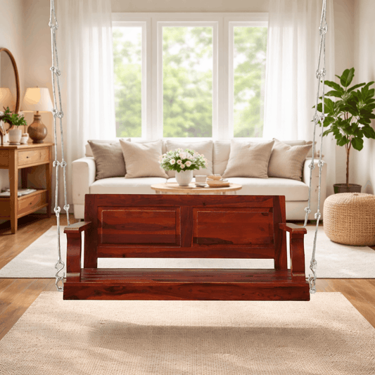 Modern Sheesham Wood Indoor Swing Jhula with Rich Walnut Finish | Wooden Hanging Bench for Living Room