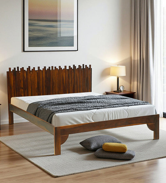 FERROWOODS Urban Crest Sheesham Wood Queen Size Bed | Designer Solid Wood Bed for Modern Bedrooms