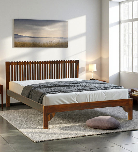 FERROWOODS Skyline Slat Sheesham Wood Queen Size Bed | Modern Solid Wood Designer Bed