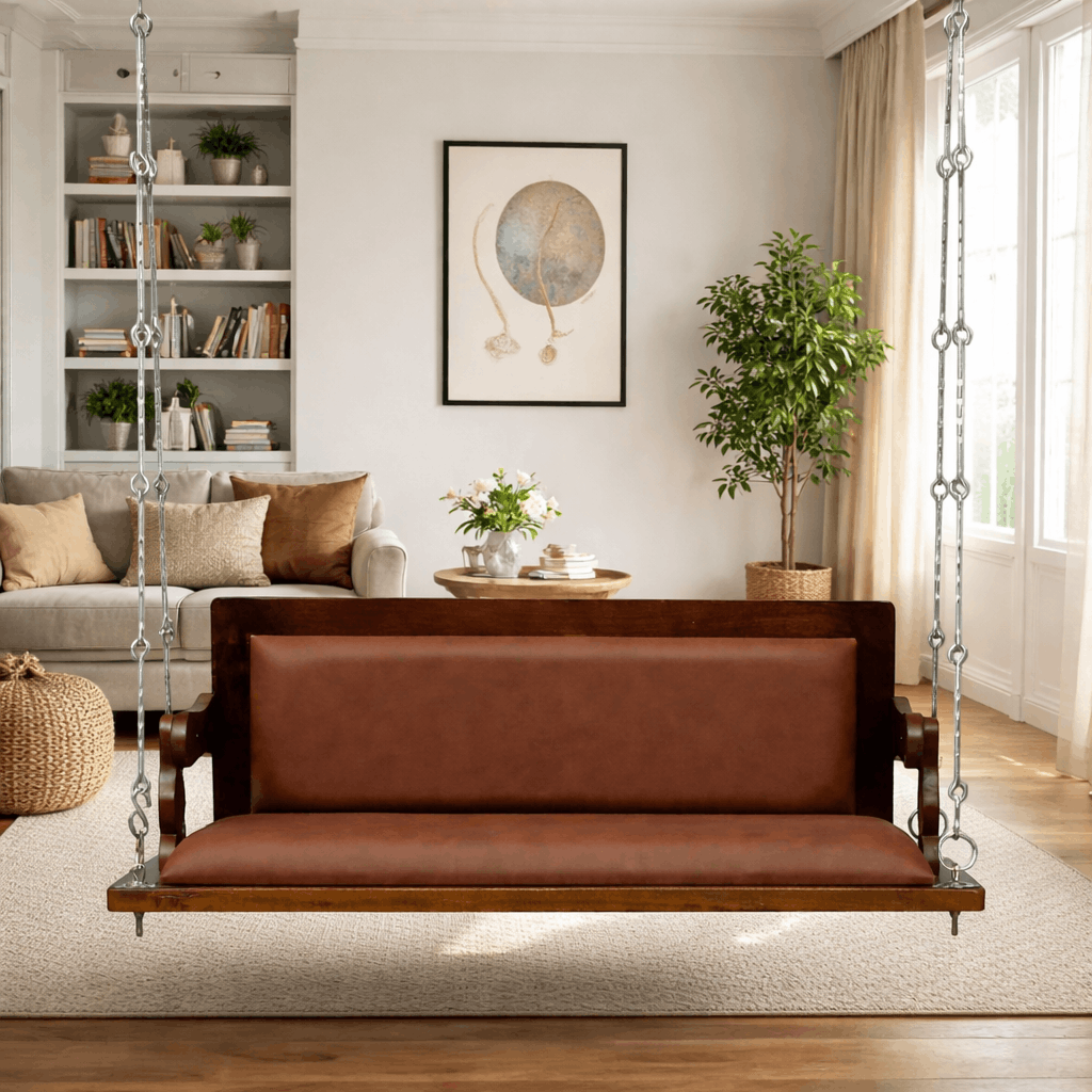 Luxury Sheesham Wood Cushioned Swing Jhula for Living Room | Modern Indoor Hanging Sofa