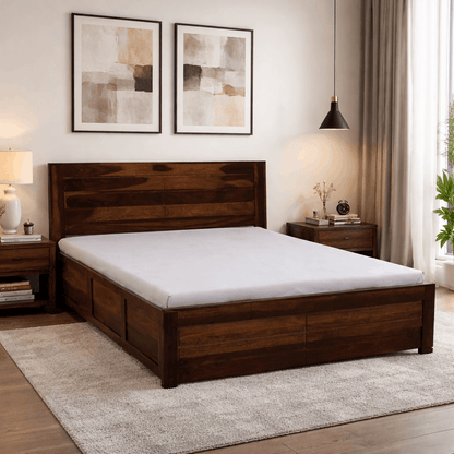 Modern Sheesham Wood Queen Size Bed with Storage | Solid Wood Bedroom Furniture