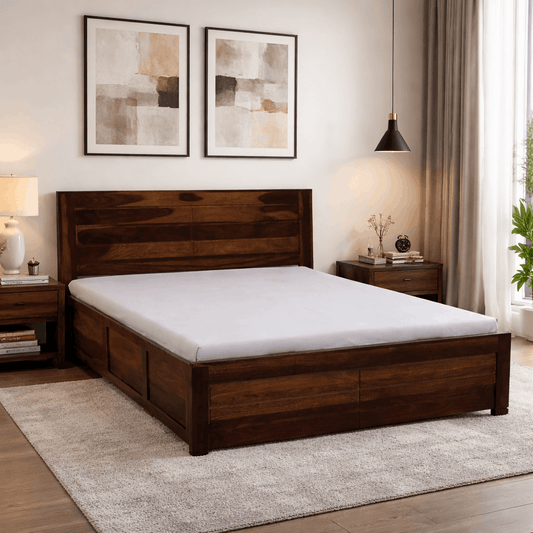 Modern Sheesham Wood Queen Size Bed with Storage | Solid Wood Bedroom Furniture