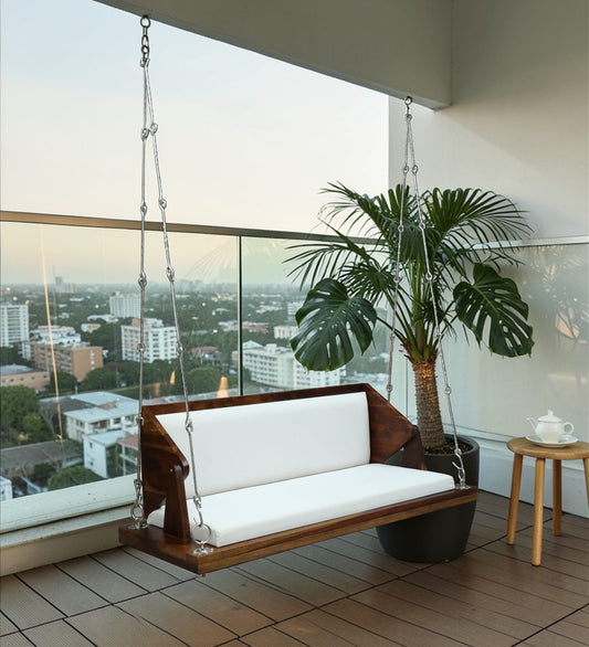 Modern Sheesham Wood Balcony Swing with White Cushions | Luxury Outdoor Hanging Jhula