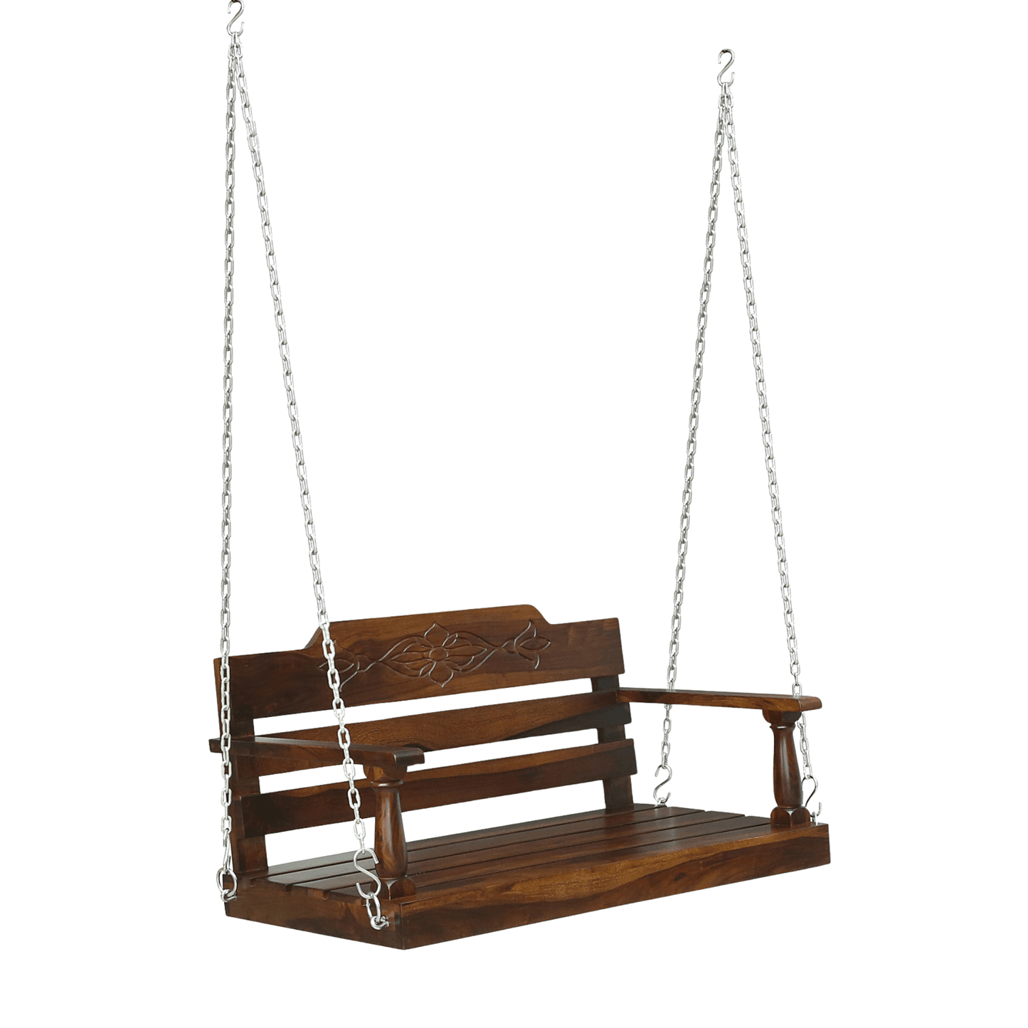 Sheesham wood porch swing with carved floral backrest and metal chains