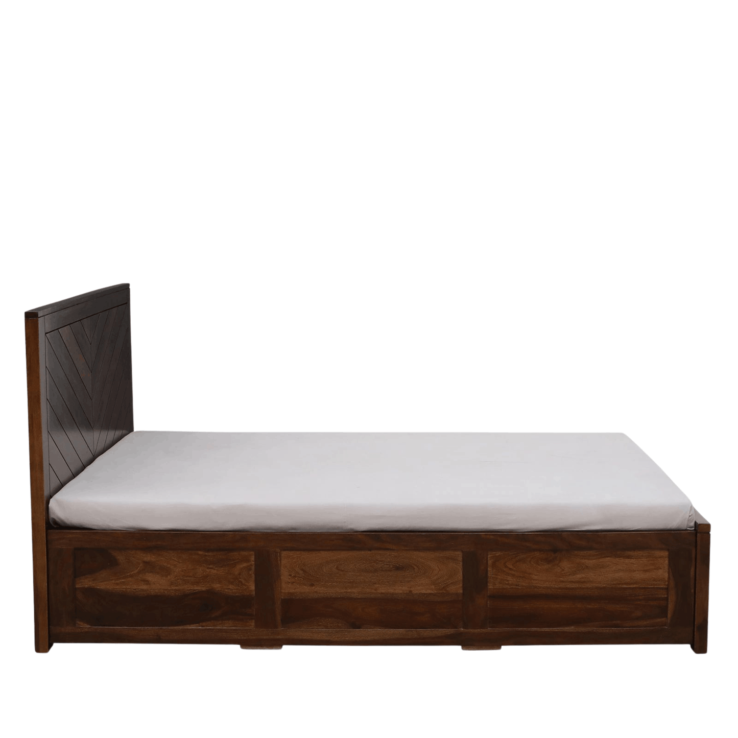 Ferrowoods Chevron Crest Hydraulic Box Storage Bed in Provincial Teak Finish | Queen Size