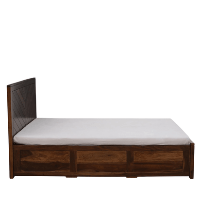 Ferrowoods Chevron Crest Hydraulic Box Storage Bed in Provincial Teak Finish | Queen Size