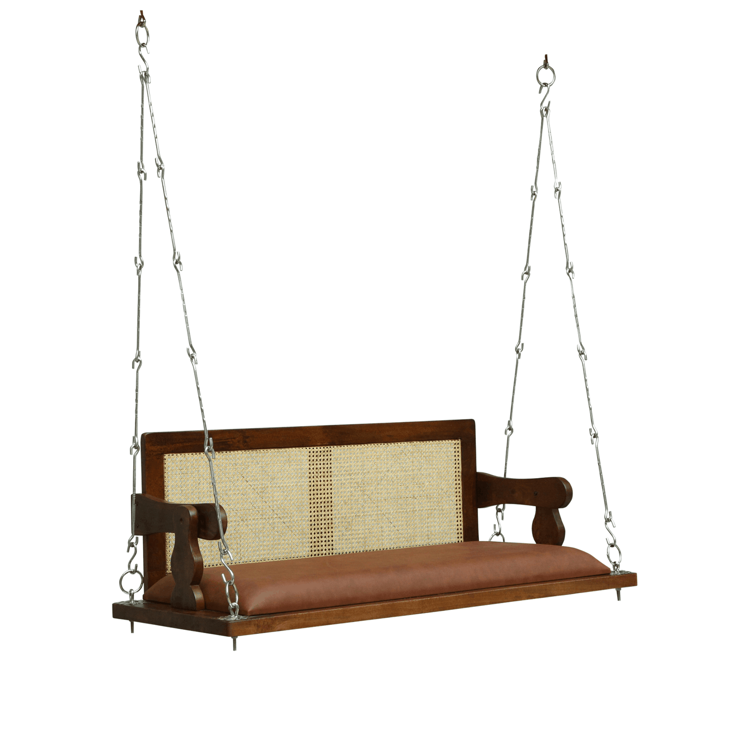 Boho Style Sheesham Wood Cane Swing Jhula with Cushion Seat | Handcrafted Indoor Hanging Bench