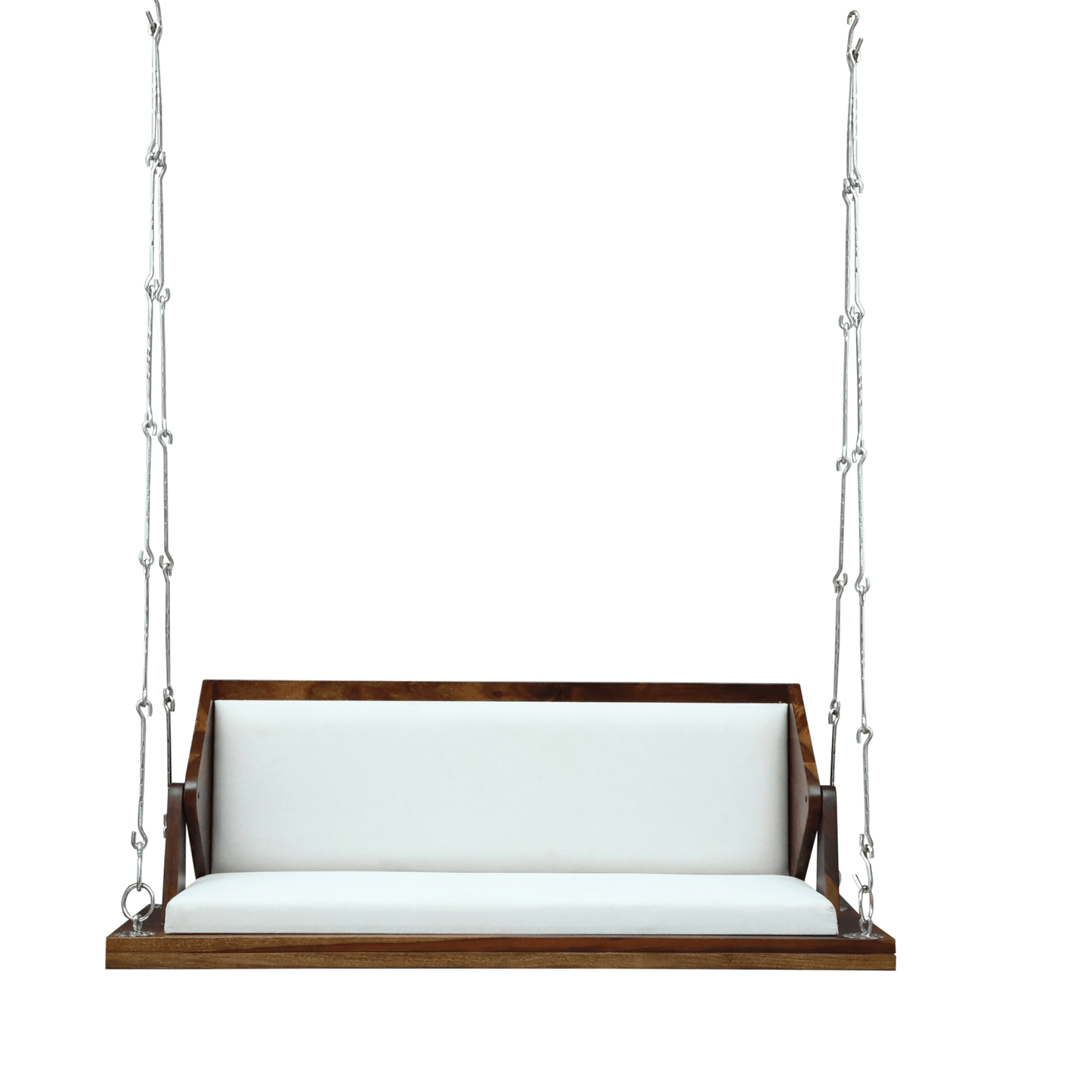 Solid wood hanging swing bench with white cushion and metal chains
