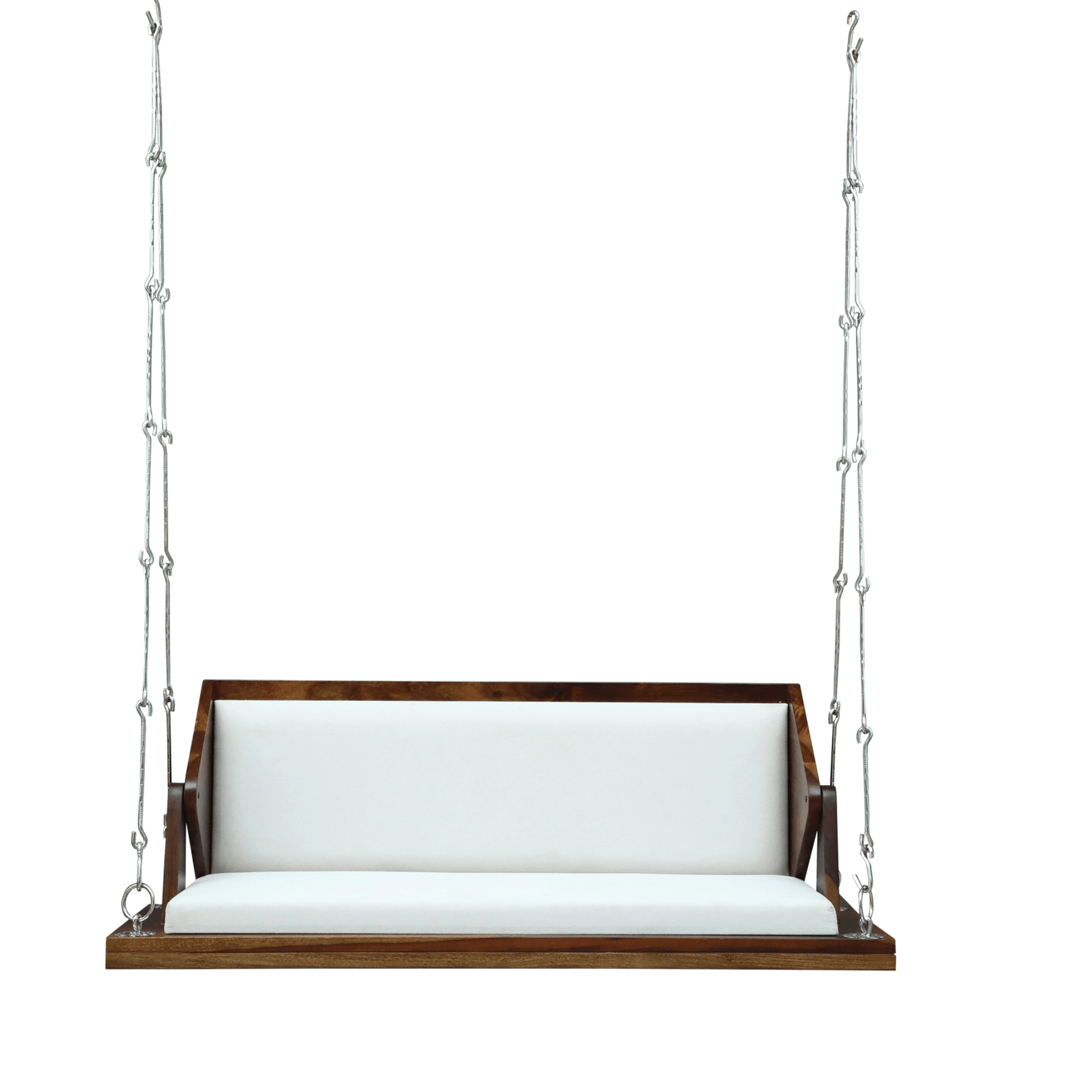 Solid wood hanging swing bench with white cushion and metal chains