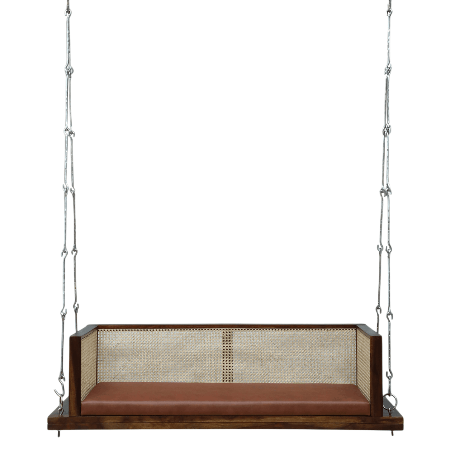 Solid wood hanging swing bench with cane back and brown cushion