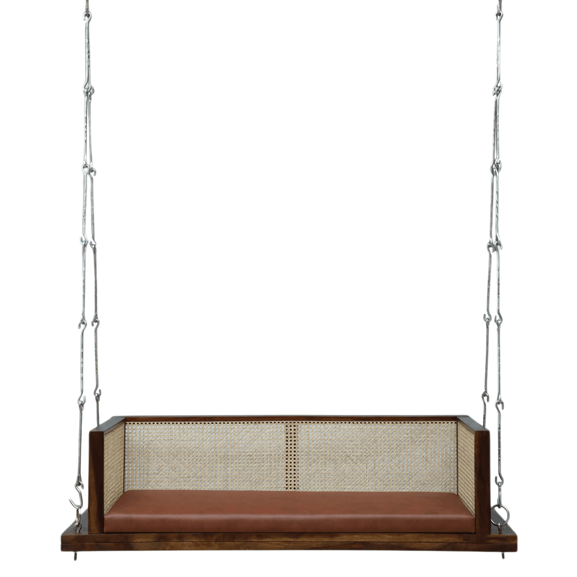 Solid wood hanging swing bench with cane back and brown cushion