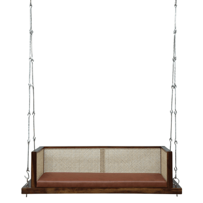 Solid wood hanging swing bench with cane back and brown cushion