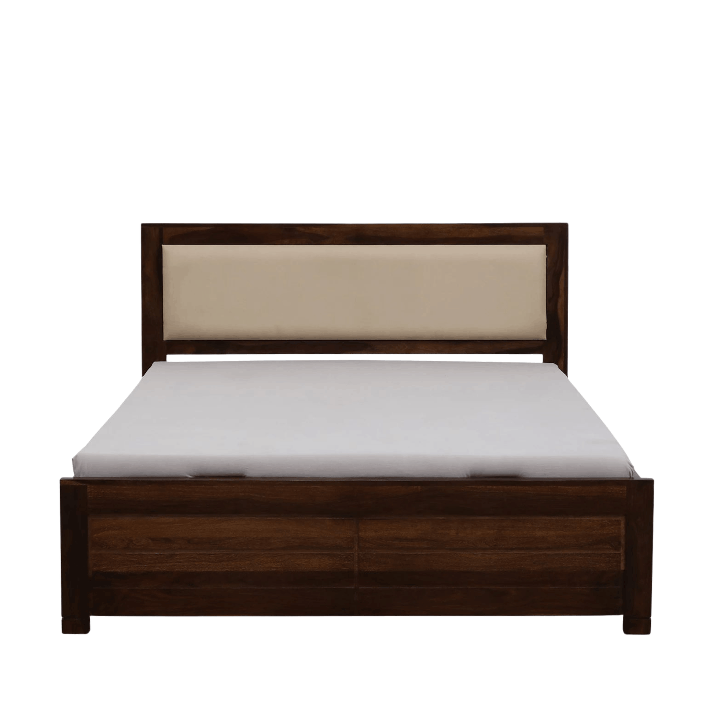 Solid wood storage bed with dark walnut finish and beige upholstered headboard